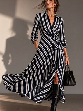 Lauren Ralph Lauren Striped Surplice Dress Navy White A-Line Midi Maxi M Office